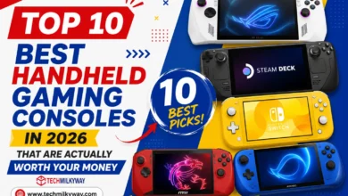 Best handheld gaming consoles in 2026 ranked by TechMilkyWay including Steam Deck OLED Nintendo Switch 2 and ROG Xbox Ally X
