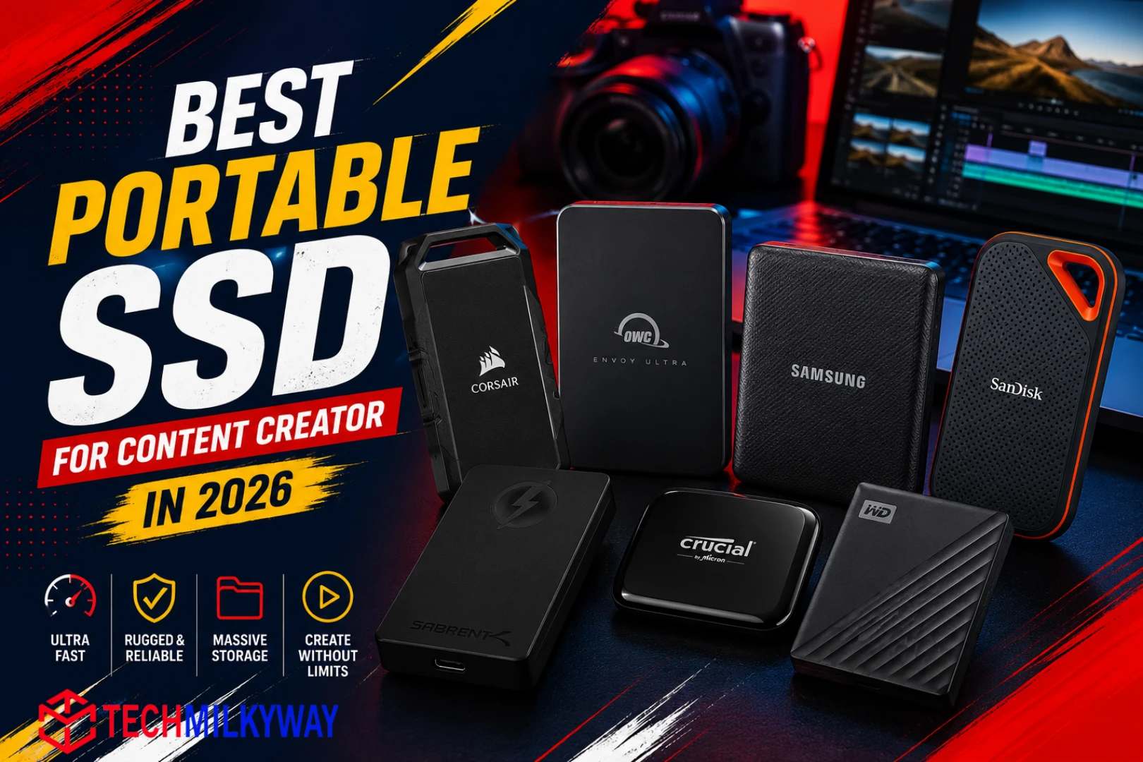 Best portable SSD for content creator in 2026 including Corsair EX400U, OWC Envoy Ultra, and Samsung T9