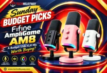 Fifine AmpliGame AM8 USB XLR microphone on a desk stand, Fifine AM8 review, budget USB XLR microphone, best budget gaming microphone, Fifine AM8 vs XLR, Techmilkyway