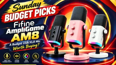 Fifine AmpliGame AM8 USB XLR microphone on a desk stand, Fifine AM8 review, budget USB XLR microphone, best budget gaming microphone, Fifine AM8 vs XLR, Techmilkyway