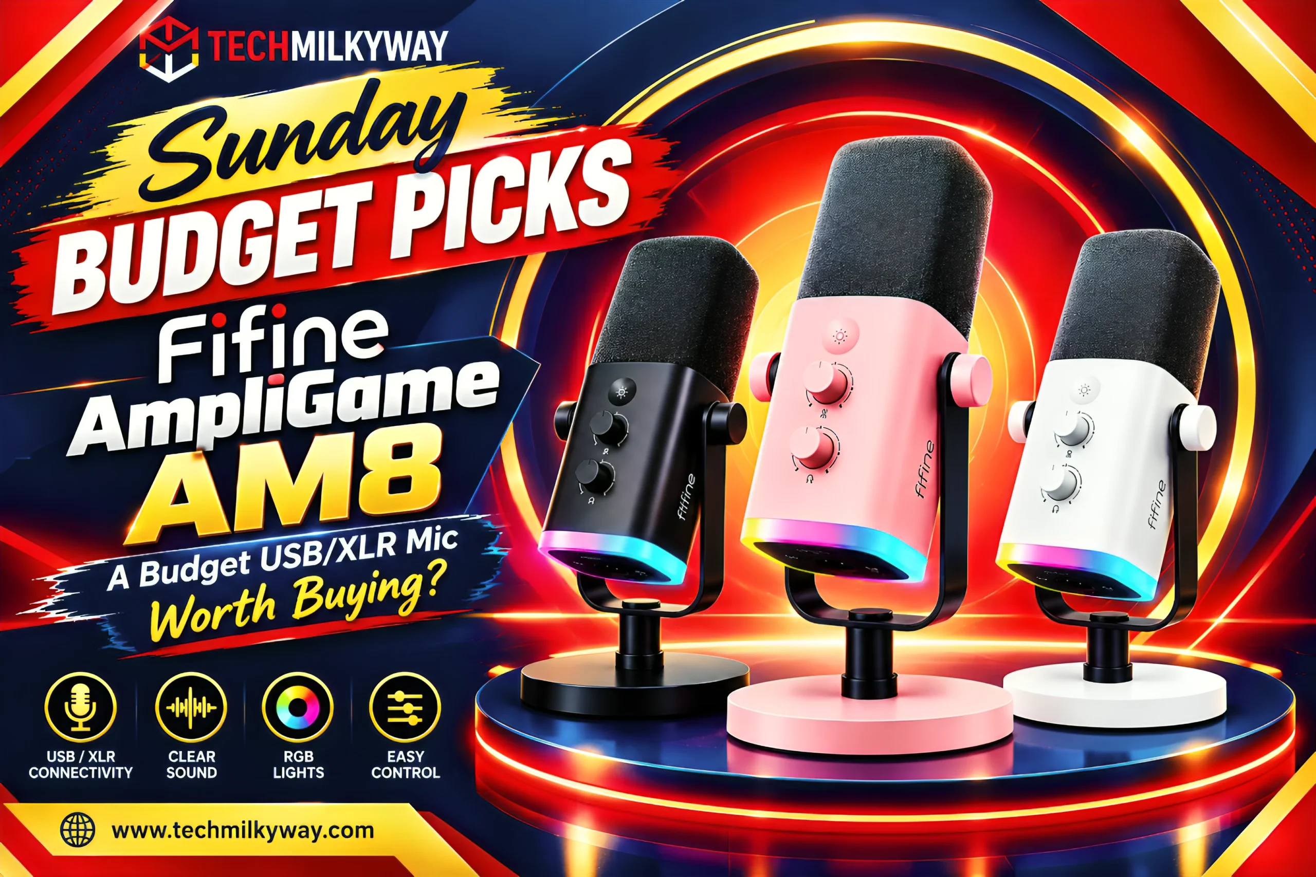 Fifine AmpliGame AM8 USB XLR microphone on a desk stand, Fifine AM8 review, budget USB XLR microphone, best budget gaming microphone, Fifine AM8 vs XLR, Techmilkyway
