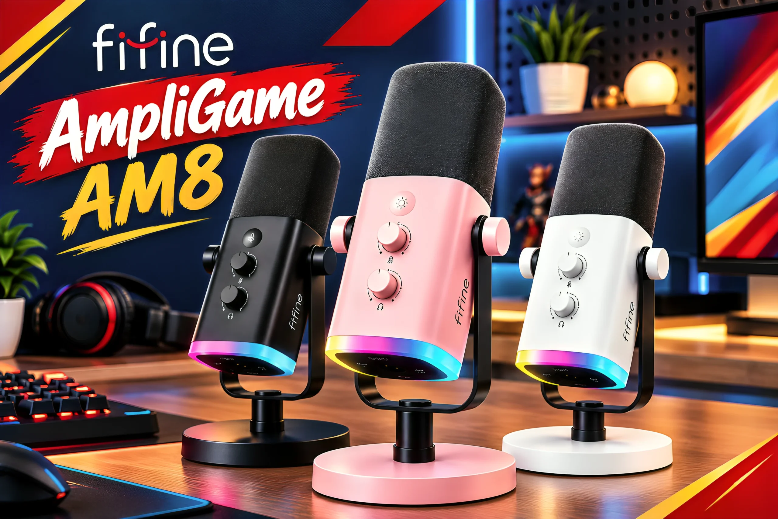 Fifine AmpliGame AM8 USB XLR microphone on a desk stand, Fifine AM8 review, budget USB XLR microphone, best budget gaming microphone, Fifine AM8 vs XLR, Techmilkyway