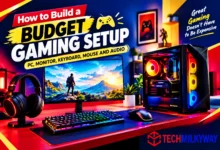 How to build a budget gaming setup in 2026 with a gaming PC, 240Hz monitor, keyboard, mouse and headset on a desk, Techmilkyway