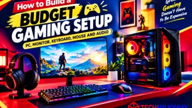 How to build a budget gaming setup in 2026 with a gaming PC, 240Hz monitor, keyboard, mouse and headset on a desk, Techmilkyway