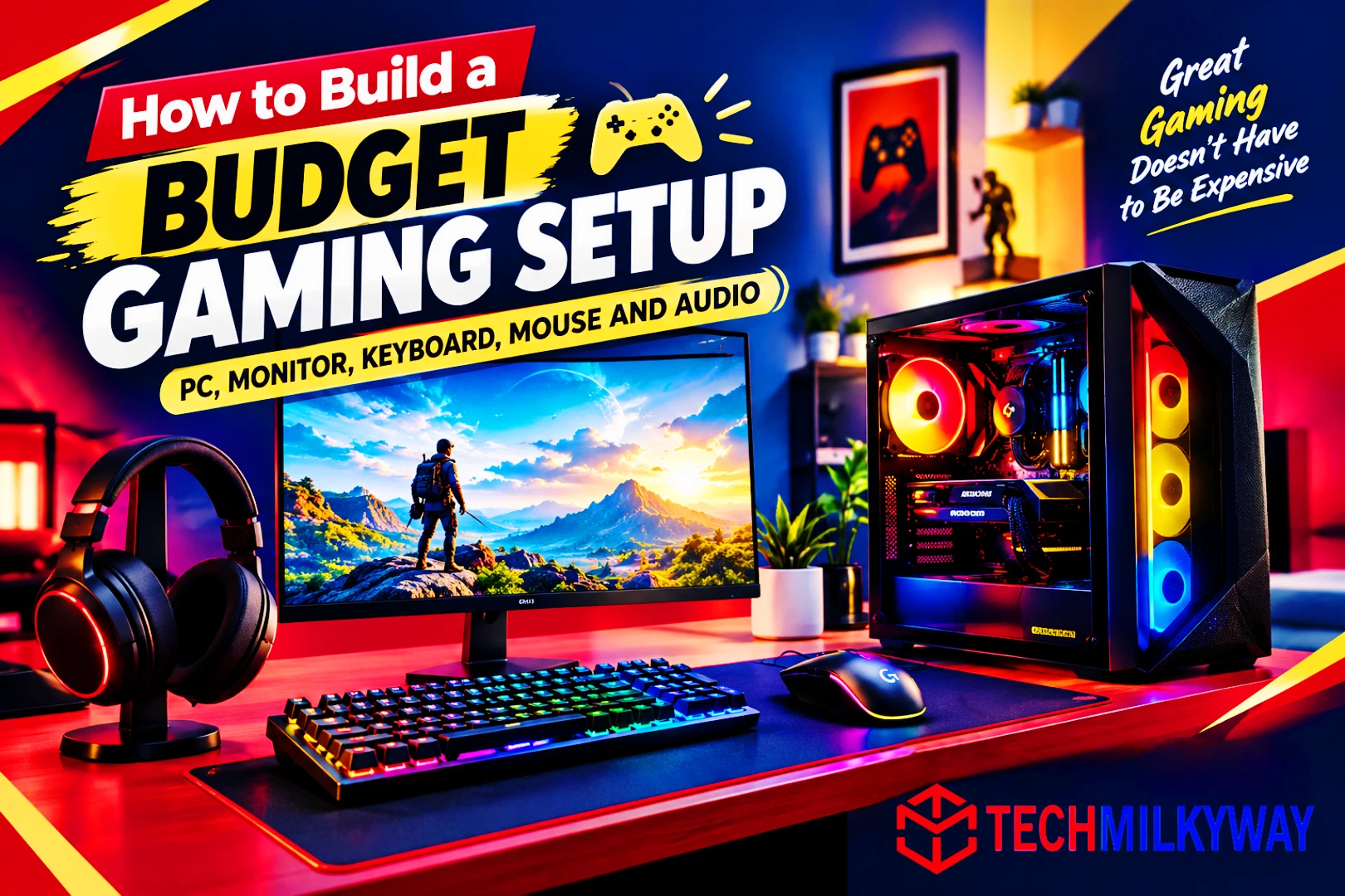 How to build a budget gaming setup in 2026 with a gaming PC, 240Hz monitor, keyboard, mouse and headset on a desk, Techmilkyway