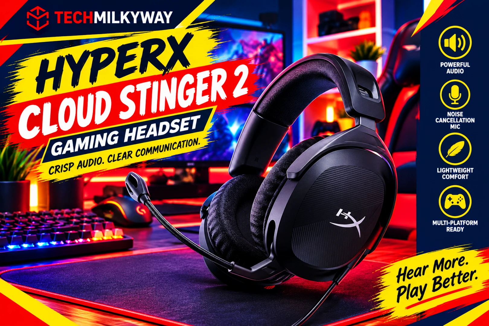 How to build a budget gaming setup in 2026 with a gaming PC, 240Hz monitor, keyboard, mouse and headset on a desk, Techmilkyway