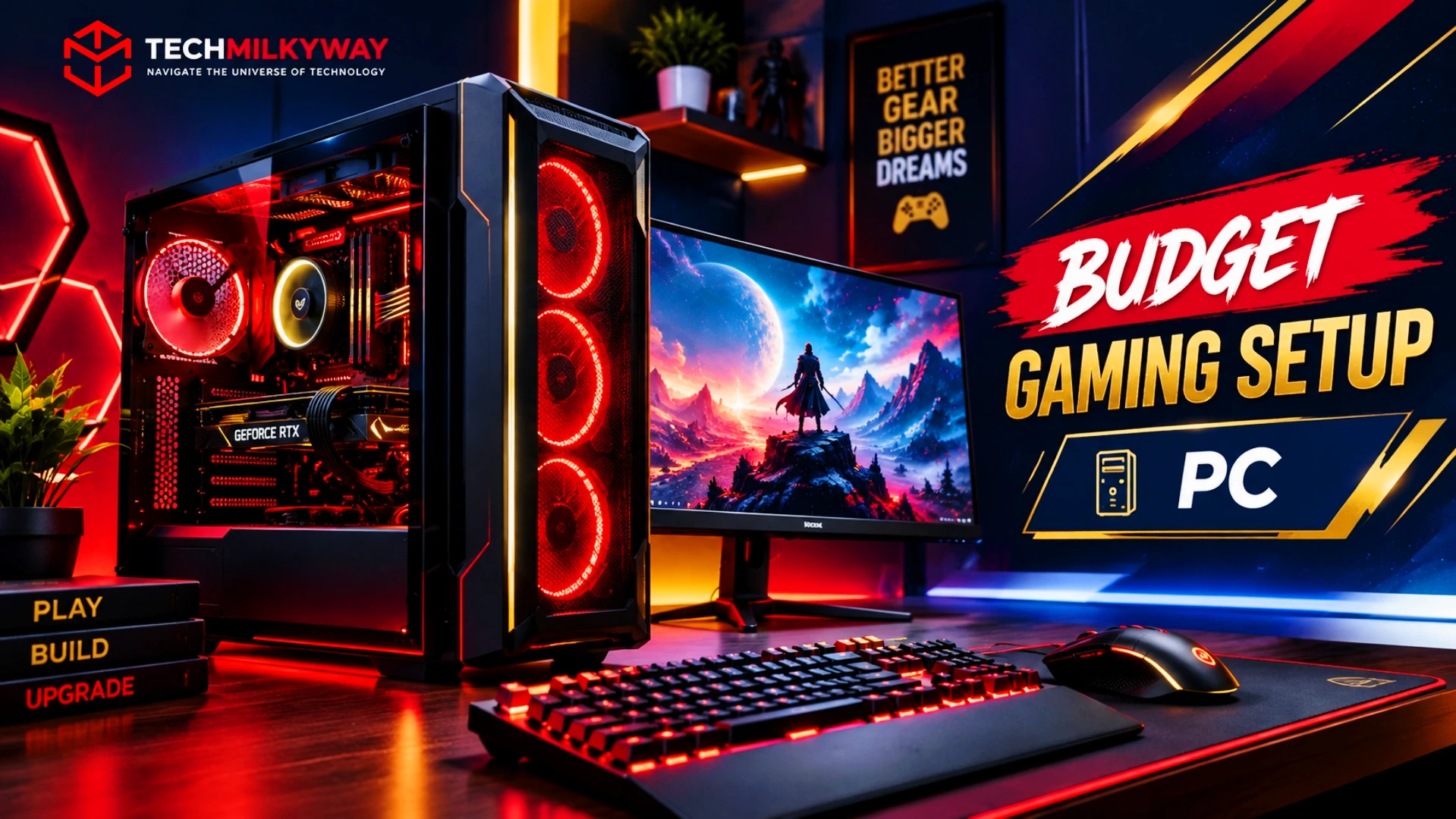 How to build a budget gaming setup in 2026 with a gaming PC, 240Hz monitor, keyboard, mouse and headset on a desk, Techmilkyway