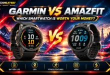 Garmin vs Amazfit smartwatch comparison on a runner's wrist, Techmilkyway