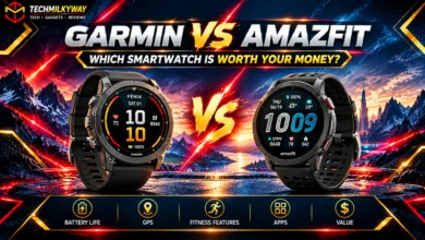 Garmin vs Amazfit smartwatch comparison on a runner's wrist, Techmilkyway
