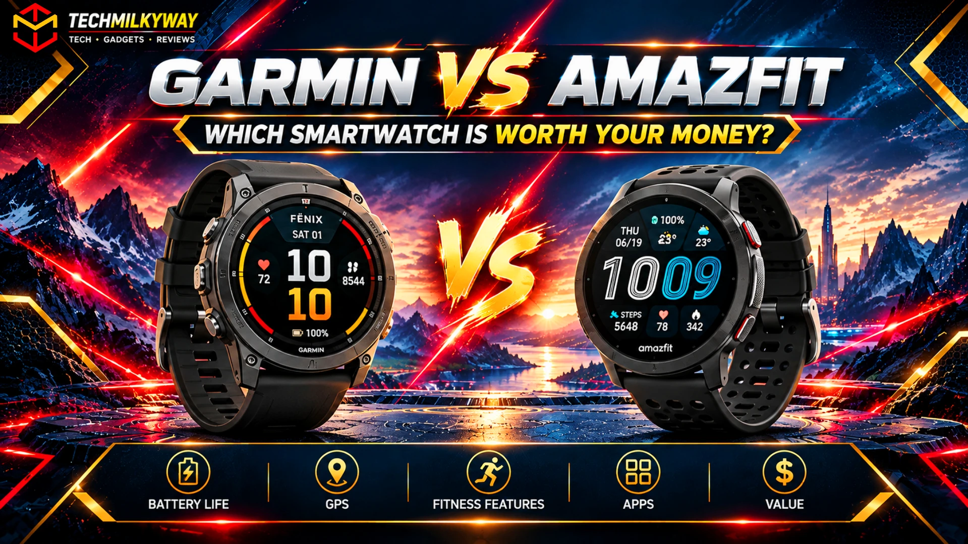 Garmin vs Amazfit smartwatch comparison on a runner's wrist, Techmilkyway
