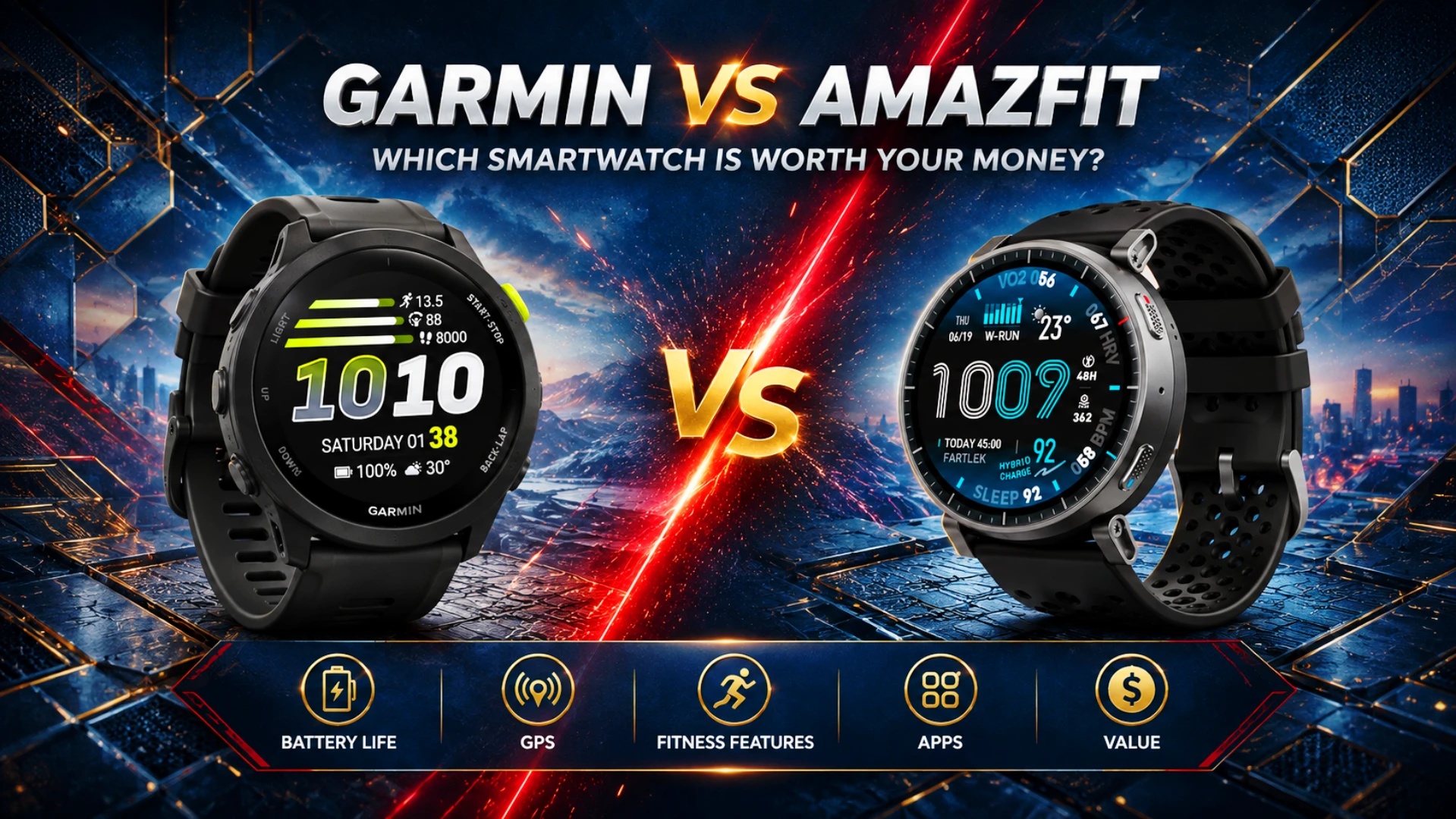 Garmin vs Amazfit smartwatch comparison on a runner's wrist, Techmilkyway