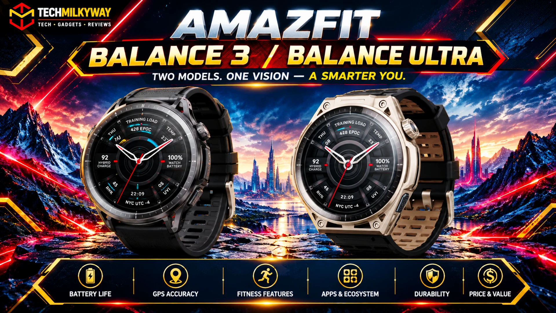 Garmin vs Amazfit smartwatch comparison on a runner's wrist, Techmilkyway